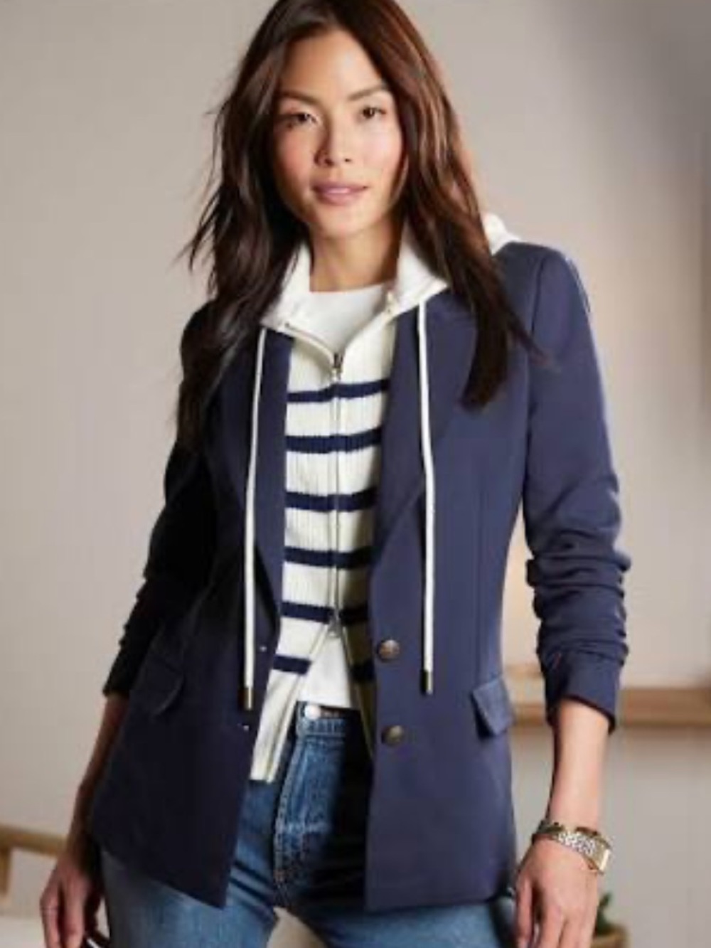Evereve navy blazer with zip-in/zip-out hooded sweater dickie